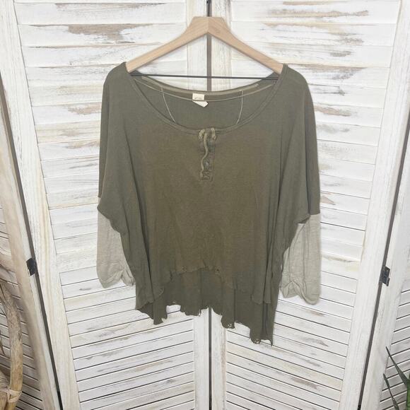 FREE PEOPLE Women's Small Star Oversized Henley Top Army Green Boho Distressed - Picture 7 of 16